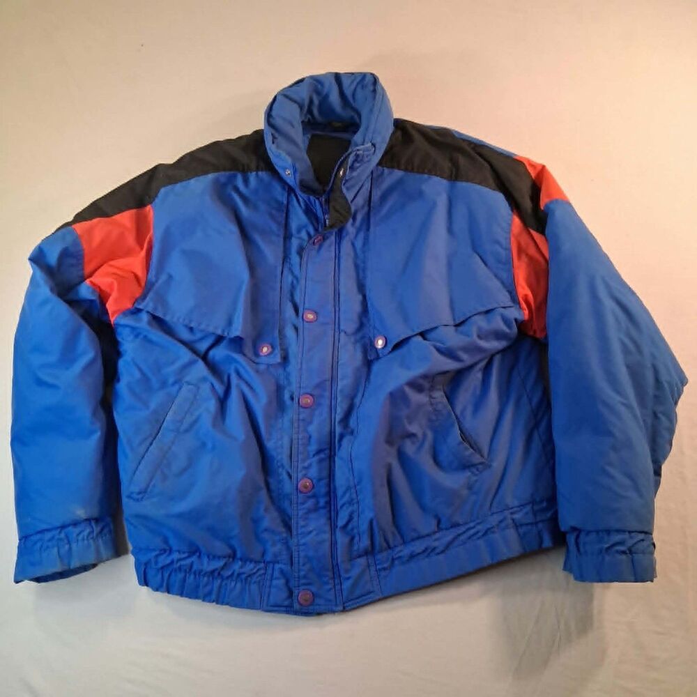 Vintage Puffer Ski Jacket Men L Blue Colorblock Insulated Hooded Winter Coat